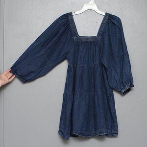 Girl Soul chambray dark wash denim oversized puff sleeve tiered dress